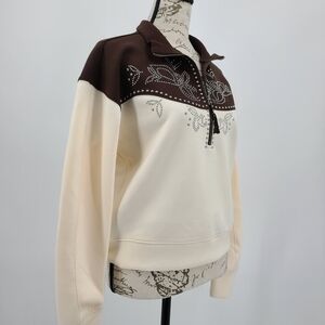 Anthropologie Cream and Dark Brown Half-Zip Sweatshirt with Stud Embellishment